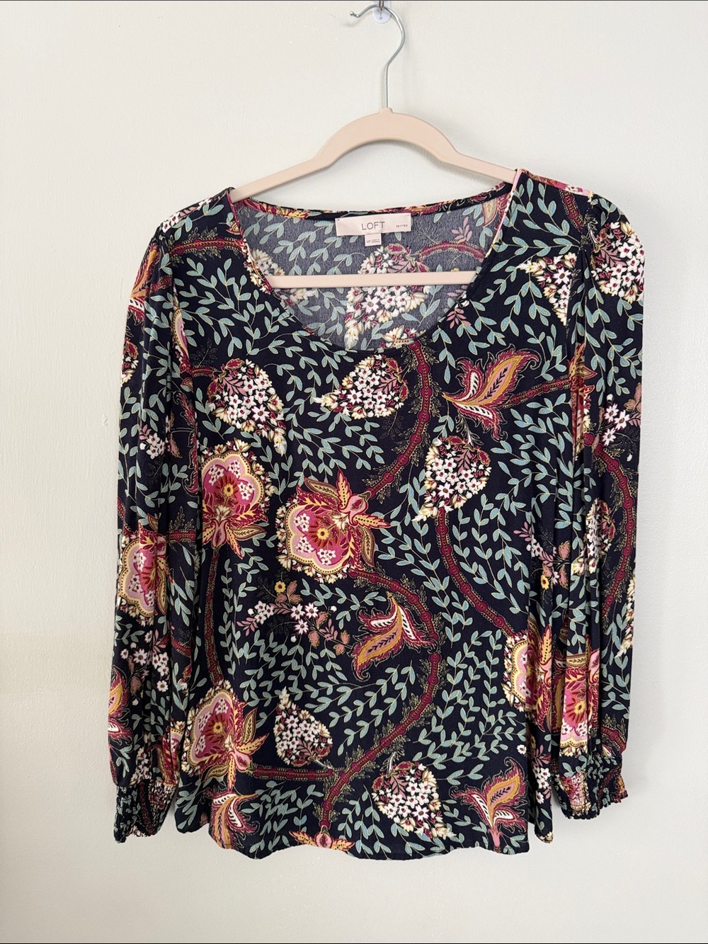 LOFT Black Floral Paisley V-Neck Long Sleeve Top
